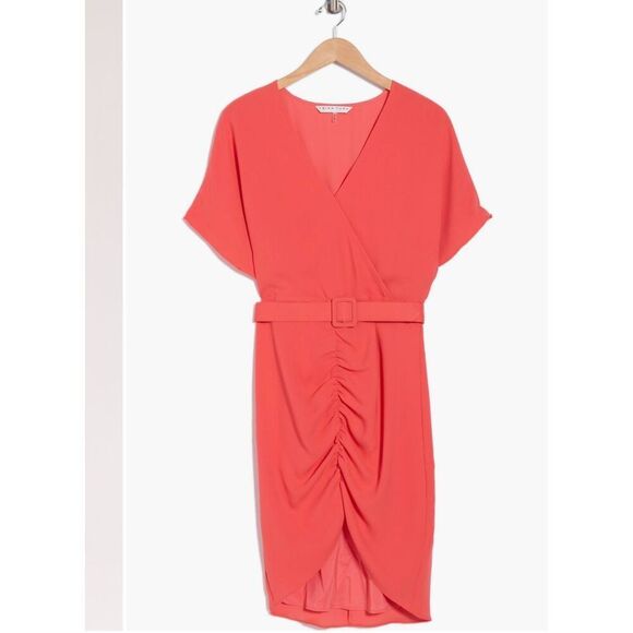NWT Trina Turk, Zest Shirt Sleeve Belted Faux Wrap Dress in coral color Size 10 - Picture 3 of 9